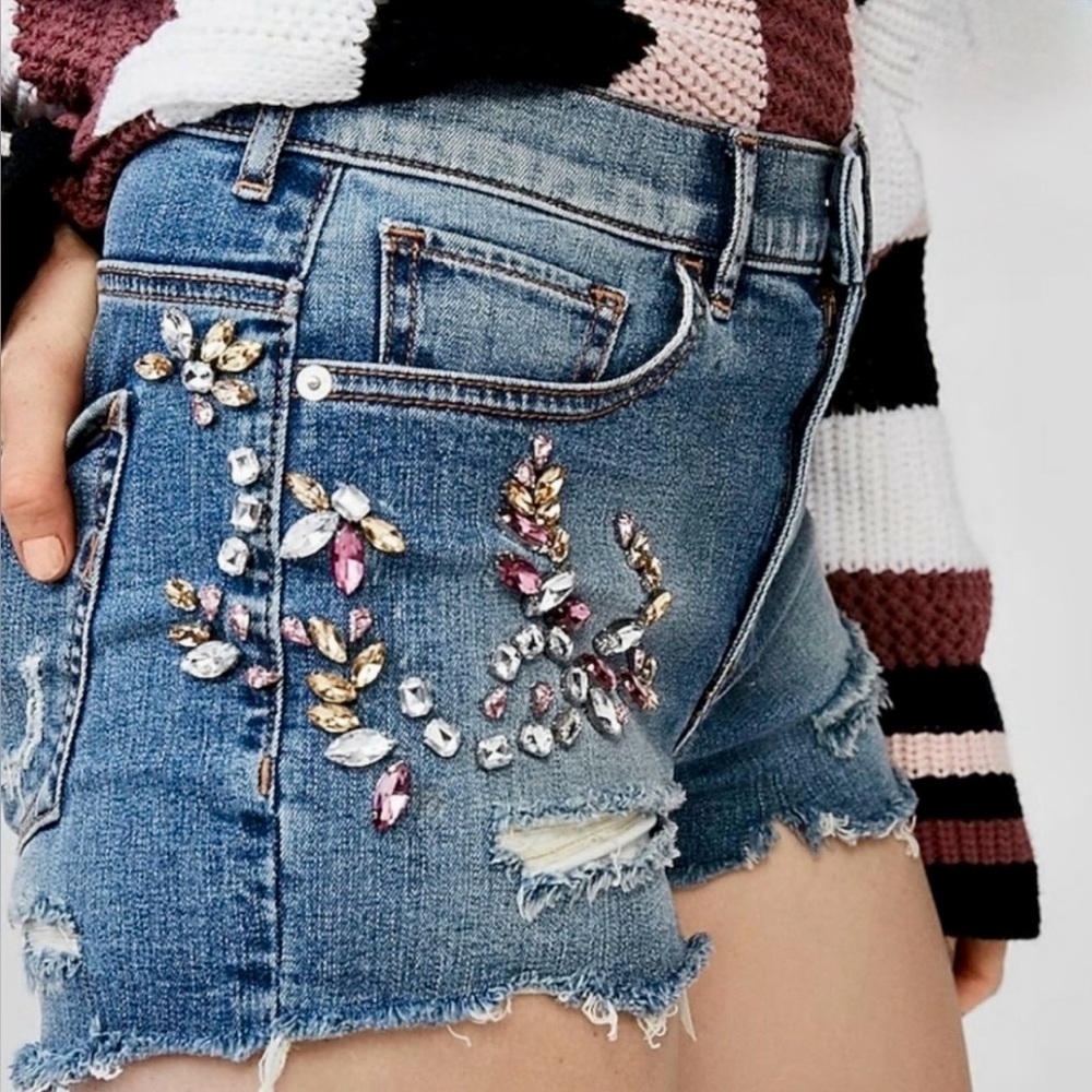 Express Distressed High Rise Denim Shorts with Rhinestones 0